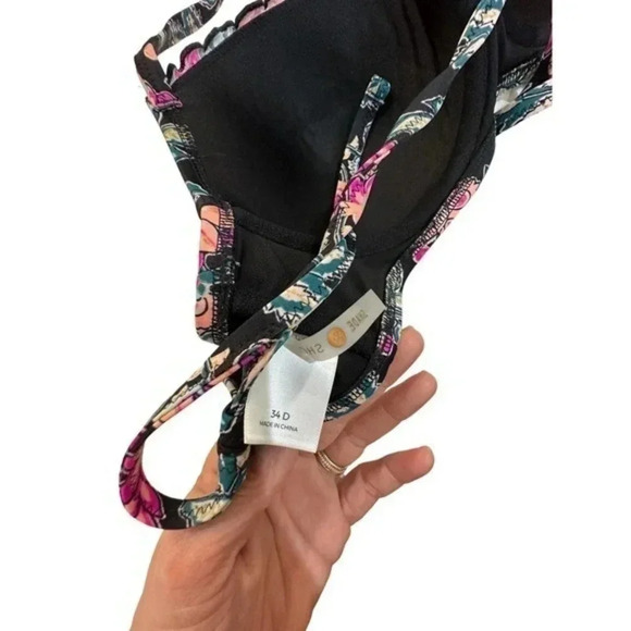 Shade & Shore Womens Floral Print Scalloped‎ Trim Halter Bikini Top Black 34 D - Picture 4 of 4